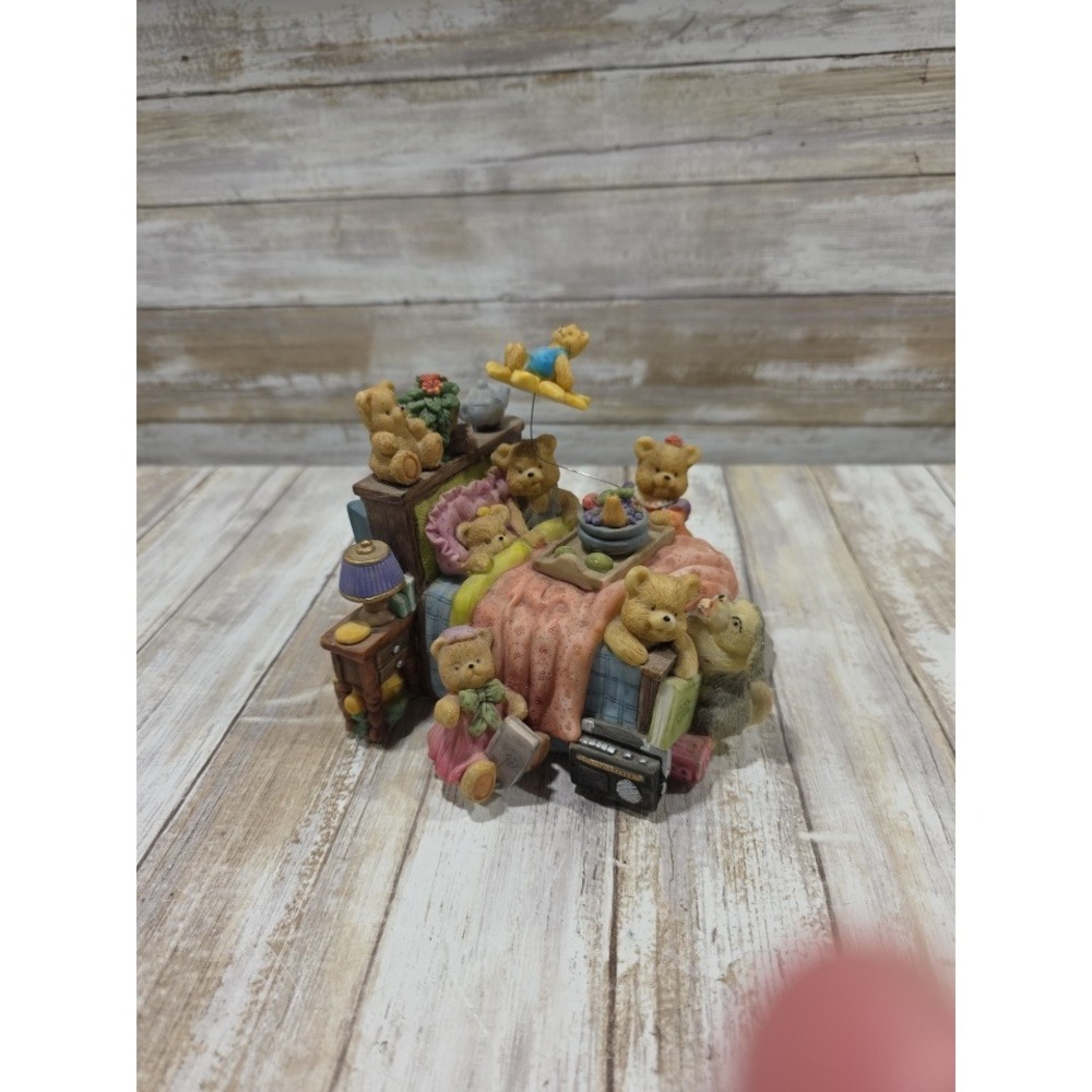 Teddy Bear Breakfast in Bed Resin Figurine Whimsical Miniature‎ Scene Decor
